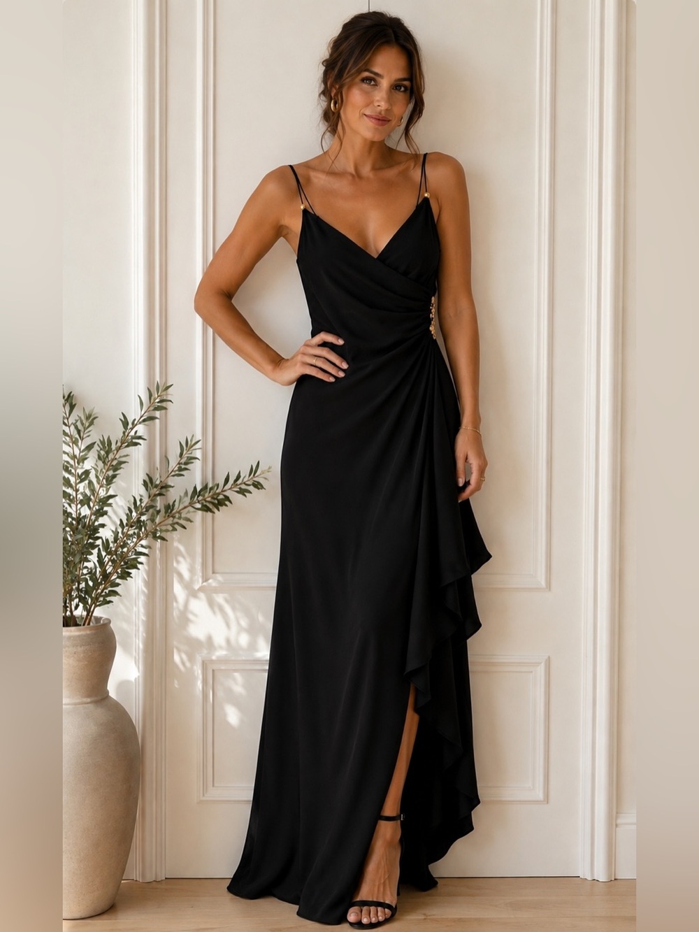 Jones New York Black Ruffle Maxi Slip Dress Size 8 Formal Evening Cocktail LBD